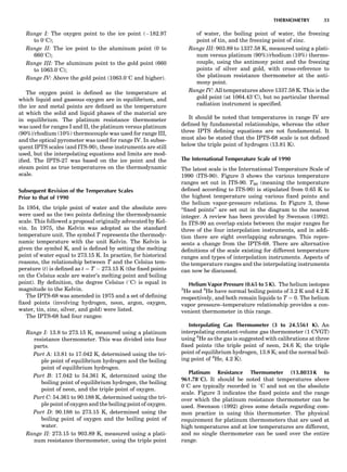 Range I: The oxygen point to the ice point (À182.97
to 08C);
Range II: The ice point to the aluminum point (0 to
6608C);
Range III: The aluminum point to the gold point (660
to 1063.08C);
Range IV: Above the gold point (1063.08C and higher).
The oxygen point is deﬁned as the temperature at
which liquid and gaseous oxygen are in equilibrium, and
the ice and metal points are deﬁned as the temperature
at which the solid and liquid phases of the material are
in equilibrium. The platinum resistance thermometer
was used for ranges I and II, the platinum versus platinum
(90%)/rhodium (10%) thermocouple was used for range III,
and the optical pyrometer was used for range IV. In subse-
quent IPTS scales (and ITS-90), these instruments are still
used, but the interpolating equations and limits are mod-
iﬁed. The IPTS-27 was based on the ice point and the
steam point as true temperatures on the thermodynamic
scale.
Subsequent Revision of the Temperature Scales
Prior to that of 1990
In 1954, the triple point of water and the absolute zero
were used as the two points deﬁning the thermodynamic
scale. This followed a proposal originally advocated by Kel-
vin. In 1975, the Kelvin was adopted as the standard
temperature unit. The symbol T represents the thermody-
namic temperature with the unit Kelvin. The Kelvin is
given the symbol K, and is deﬁned by setting the melting
point of water equal to 273.15 K. In practice, for historical
reasons, the relationship between T and the Celsius tem-
perature (t) is deﬁned as t ¼ T À 273.15 K (the ﬁxed points
on the Celsius scale are water’s melting point and boiling
point). By deﬁnition, the degree Celsius (8C) is equal in
magnitude to the Kelvin.
The IPTS-68 was amended in 1975 and a set of deﬁning
ﬁxed points (involving hydrogen, neon, argon, oxygen,
water, tin, zinc, silver, and gold) were listed.
The IPTS-68 had four ranges:
Range I: 13.8 to 273.15 K, measured using a platinum
resistance thermometer. This was divided into four
parts.
Part A: 13.81 to 17.042 K, determined using the tri-
ple point of equilibrium hydrogen and the boiling
point of equilibrium hydrogen.
Part B: 17.042 to 54.361 K, determined using the
boiling point of equilibrium hydrogen, the boiling
point of neon, and the triple point of oxygen.
Part C: 54.361 to 90.188 K, determined using the tri-
ple point of oxygen and the boiling point of oxygen.
Part D: 90.188 to 273.15 K, determined using the
boiling point of oxygen and the boiling point of
water.
Range II: 273.15 to 903.89 K, measured using a plati-
num resistance thermometer, using the triple point
of water, the boiling point of water, the freezing
point of tin, and the freezing point of zinc.
Range III: 903.89 to 1337.58 K, measured using a plati-
num versus platinum (90%)/rhodium (10%) thermo-
couple, using the antimony point and the freezing
points of silver and gold, with cross-reference to
the platinum resistance thermometer at the anti-
mony point.
Range IV: All temperatures above 1337.58 K. This is the
gold point (at 1064.438C), but no particular thermal
radiation instrument is speciﬁed.
It should be noted that temperatures in range IV are
deﬁned by fundamental relationships, whereas the other
three IPTS deﬁning equations are not fundamental. It
must also be stated that the IPTS-68 scale is not deﬁned
below the triple point of hydrogen (13.81 K).
The International Temperature Scale of 1990
The latest scale is the International Temperature Scale of
1990 (ITS-90). Figure 3 shows the various temperature
ranges set out in ITS-90. T90 (meaning the temperature
deﬁned according to ITS-90) is stipulated from 0.65 K to
the highest temperature using various ﬁxed points and
the helium vapor-pressure relations. In Figure 3, these
‘‘ﬁxed points’’ are set out in the diagram to the nearest
integer. A review has been provided by Swenson (1992).
In ITS-90 an overlap exists between the major ranges for
three of the four interpolation instruments, and in addi-
tion there are eight overlapping subranges. This repre-
sents a change from the IPTS-68. There are alternative
deﬁnitions of the scale existing for different temperature
ranges and types of interpolation instruments. Aspects of
the temperature ranges and the interpolating instruments
can now be discussed.
Helium Vapor Pressure (0.65 to 5 K). The helium isotopes
3
He and 4
He have normal boiling points of 3.2 K and 4.2 K
respectively, and both remain liquids to T ¼ 0. The helium
vapor pressure–temperature relationship provides a con-
venient thermometer in this range.
Interpolating Gas Thermometer (3 to 24.5561 K). An
interpolating constant-volume gas thermometer (1 CVGT)
using 4
He as the gas is suggested with calibrations at three
ﬁxed points (the triple point of neon, 24.6 K; the triple
point of equilibrium hydrogen, 13.8 K; and the normal boil-
ing point of 4
He, 4.2 K).
Platinum Resistance Thermometer (13.8033 K to
961.788C). It should be noted that temperatures above
08C are typically recorded in 8C and not on the absolute
scale. Figure 3 indicates the ﬁxed points and the range
over which the platinum resistance thermometer can be
used. Swenson (1992) gives some details regarding com-
mon practice in using this thermometer. The physical
requirement for platinum thermometers that are used at
high temperatures and at low temperatures are different,
and no single thermometer can be used over the entire
range.
THERMOMETRY 33
 