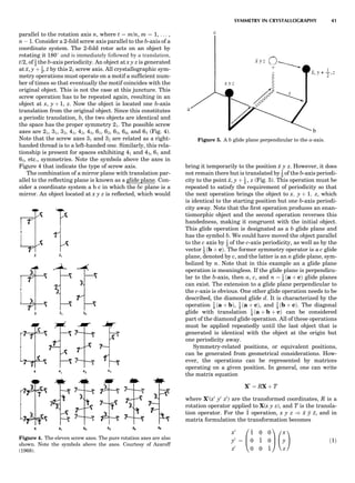parallel to the rotation axis n, where t ¼ m/n, m ¼ 1, . . . ,
n À 1. Consider a 2-fold screw axis parallel to the b-axis of a
coordinate system. The 2-fold rotor acts on an object by
rotating it 1808 and is immediately followed by a translation,
t/2, of 1
2 the b-axis periodicity. An object at x y z is generated
at x, y þ 1
2, z by this 21 screw axis. All crystallographic sym-
metry operations must operate on a motif a sufﬁcient num-
ber of times so that eventually the motif coincides with the
original object. This is not the case at this juncture. This
screw operation has to be repeated again, resulting in an
object at x, y þ 1, z. Now the object is located one b-axis
translation from the original object. Since this constitutes
a periodic translation, b, the two objects are identical and
the space has the proper symmetry 21. The possible screw
axes are 21, 31, 32, 41, 42, 43, 61, 62, 63, 64, and 65 (Fig. 4).
Note that the screw axes 31 and 32 are related as a right-
handed thread is to a left-handed one. Similarly, this rela-
tionship is present for spaces exhibiting 41 and 43, 61 and
65, etc., symmetries. Note the symbols above the axes in
Figure 4 that indicate the type of screw axis.
The combination of a mirror plane with translation par-
allel to the reﬂecting plane is known as a glide plane. Con-
sider a coordinate system a b c in which the bc plane is a
mirror. An object located at x y z is reﬂected, which would
bring it temporarily to the position x y z. However, it does
not remain there but is translated by 1
2 of the b-axis periodi-
city to the point x, y þ 1
2 , z (Fig. 5). This operation must be
repeated to satisfy the requirement of periodicity so that
the next operation brings the object to x; y þ 1; z, which
is identical to the starting position but one b-axis periodi-
city away. Note that the ﬁrst operation produces an enan-
tiomorphic object and the second operation reverses this
handedness, making it congruent with the initial object.
This glide operation is designated as a b glide plane and
has the symbol b. We could have moved the object parallel
to the c axis by 1
2 of the c-axis periodicity, as well as by the
vector 1
2 ðb þ cÞ. The former symmetry operator is a c glide
plane, denoted by c, and the latter is an n glide plane, sym-
bolized by n. Note that in this example an a glide plane
operation is meaningless. If the glide plane is perpendicu-
lar to the b-axis, then a, c, and n ¼ 1
2 ða þ cÞ glide planes
can exist. The extension to a glide plane perpendicular to
the c-axis is obvious. One other glide operation needs to be
described, the diamond glide d. It is characterized by the
operation 1
4 ða þ bÞ, 1
4 ða þ cÞ, and 1
4 ðb þ cÞ. The diagonal
glide with translation 1
4 ða þ b þ cÞ can be considered
part of the diamond glide operation. All of these operations
must be applied repeatedly until the last object that is
generated is identical with the object at the origin but
one periodicity away.
Symmetry-related positions, or equivalent positions,
can be generated from geometrical considerations. How-
ever, the operations can be represented by matrices
operating on a given position. In general, one can write
the matrix equation
X0
¼ RX þ T
where X0
(x0
y0
z0
) are the transformed coordinates, R is a
rotation operator applied to X(x y z), and T is the transla-
tion operator. For the 1 operation, x y z ) x y z, and in
matrix formulation the transformation becomes
x0
y0
z0
¼
1 0 0
0 1 0
0 0 1
0
B
@
1
C
A
x
y
z
0
@
1
A ð1ÞFigure 4. The eleven screw axes. The pure rotation axes are also
shown. Note the symbols above the axes. Courtesy of Azaroff
(1968).
Figure 5. A b glide plane perpendicular to the a-axis.
SYMMETRY IN CRYSTALLOGRAPHY 41
 