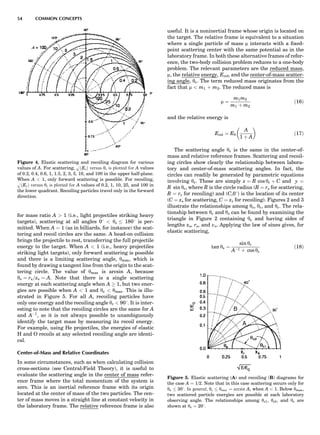 for mass ratio A  1 (i.e., light projectiles striking heavy
targets), scattering at all angles 08  ys 1808 is per-
mitted. When A ¼ 1 (as in billiards, for instance) the scat-
tering and recoil circles are the same. A head-on collision
brings the projectile to rest, transferring the full projectile
energy to the target. When A  1 (i.e., heavy projectiles
striking light targets), only forward scattering is possible
and there is a limiting scattering angle, ymax, which is
found by drawing a tangent line from the origin to the scat-
tering circle. The value of ymax is arcsin A, because
ys ¼ rs=xs ¼ A. Note that there is a single scattering
energy at each scattering angle when A ! 1, but two ener-
gies are possible when A  1 and ys  ymax. This is illu-
strated in Figure 5. For all A, recoiling particles have
only one energy and the recoiling angle yr  908. It is inter-
esting to note that the recoiling circles are the same for A
and AÀ1
, so it is not always possible to unambiguously
identify the target mass by measuring its recoil energy.
For example, using He projectiles, the energies of elastic
H and O recoils at any selected recoiling angle are identi-
cal.
Center-of-Mass and Relative Coordinates
In some circumstances, such as when calculating collision
cross-sections (see Central-Field Theory), it is useful to
evaluate the scattering angle in the center of mass refer-
ence frame where the total momentum of the system is
zero. This is an inertial reference frame with its origin
located at the center of mass of the two particles. The cen-
ter of mass moves in a straight line at constant velocity in
the laboratory frame. The relative reference frame is also
useful. It is a noninertial frame whose origin is located on
the target. The relative frame is equivalent to a situation
where a single particle of mass m interacts with a ﬁxed-
point scattering center with the same potential as in the
laboratory frame. In both these alternative frames of refer-
ence, the two-body collision problem reduces to a one-body
problem. The relevant parameters are the reduced mass,
m, the relative energy, Erel, and the center-of-mass scatter-
ing angle, yc. The term reduced mass originates from the
fact that m  m1 þ m2. The reduced mass is
m ¼
m1m2
m1 þ m2
ð16Þ
and the relative energy is
Erel ¼ E0
A
1 þ A
 
ð17Þ
The scattering angle yc is the same in the center-of-
mass and relative reference frames. Scattering and recoil-
ing circles show clearly the relationship between labora-
tory and center-of-mass scattering angles. In fact, the
circles can readily be generated by parametric equations
involving yc. These are simply x ¼ R cos yc þ C and y ¼
R sin yc, where R is the circle radius (R ¼ rs for scattering,
R ¼ rr for recoiling) and (C,08) is the location of its center
(C ¼ xs for scattering, C ¼ xr for recoiling). Figures 2 and 3
illustrate the relationships among ys, yr, and yc. The rela-
tionship between yc and ys can be found by examining the
triangle in Figure 2 containing ys and having sides of
lengths xs, rs, and vs. Applying the law of sines gives, for
elastic scattering,
tan ys ¼
sin yc
AÀ1 þ cos yc
ð18Þ
Figure 4. Elastic scattering and recoiling diagram for various
values of A. For scattering, HðEsÞ versus ys is plotted for A values
of 0.2, 0.4, 0.6, 1, 1.5, 2, 3, 5, 10, and 100 in the upper half-plane.
When A  1, only forward scattering is possible. For recoiling,
HðErÞ versus yr is plotted for A values of 0.2, 1, 10, 25, and 100 in
the lower quadrant. Recoiling particles travel only in the forward
direction.
Figure 5. Elastic scattering (A) and recoiling (B) diagrams for
the case A ¼ 1/2. Note that in this case scattering occurs only for
ys 308. In general, ys ymax ¼ arcsin A, when A  1. Below ymax,
two scattered particle energies are possible at each laboratory
observing angle. The relationships among yc1, yc2, and ys are
shown at ys ¼ 208.
54 COMMON CONCEPTS
 