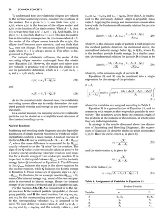 To understand how the relativistic ellipses are related
to the normal scattering circles, consider the positions of
the centers. For a given A  1, one ﬁnds that xs(e) 
xs(c), where xs(e) is the location of the ellipse center and
xs(c) is the location of the circle center. When A ¼ 1, then
it is always true that xs(e) ¼ xs(c) ¼ 1/2. And ﬁnally, for a
given A  1, one ﬁnds that xs(e)  xs(c). This last inequality
has an interesting consequence. As g increases when A  1,
the center of the ellipse moves towards the origin, the
ellipse itself becomes more eccentric, and one ﬁnds that
ymax does not change. The maximum allowed scattering
angle when A  1 is always arcsin A. This effect is dia-
grammed in Figure 7.
For inelastic relativistic collisions, the center of the
scattering ellipse remains unchanged from the elastic
case (Equation 21). However, the major and minor axes
are reduced. A practical way of plotting the ellipse is to
use its parametric deﬁnition, which is x ¼ rs(a) cos yc þ
xs and y ¼ rs(b) sin yc, where
rsðaÞ ¼ a
ﬃﬃﬃﬃﬃﬃﬃﬃﬃﬃﬃﬃﬃﬃﬃﬃﬃﬃﬃﬃ
1 À Qn=a
p
ð27Þ
and
rsðbÞ ¼ b
ﬃﬃﬃﬃﬃﬃﬃﬃﬃﬃﬃﬃﬃﬃﬃﬃﬃﬃﬃﬃ
1 À Qn=b
p
ð28Þ
As in the nonrelativistic classical case, the relativistic
scattering curves allow one to easily determine the scat-
tered particle velocity and energy at any allowed scatter-
ing angle.
In a similar manner, the recoiling curves for relativistic
particles can be stated as a straightforward extension of
the classical recoiling curves.
Nuclear Reactions
Scattering and recoiling circle diagrams can also depict the
kinematics of simple nuclear reactions in which the collid-
ing particles undergo a mass change. A nuclear reaction of
the form A(b,c)D can be written as A þ b ! c þ D þ Qmass/
c2
, where the mass difference is accounted for by Qmass,
usually referred to as the ‘‘Q value’’ for the reaction. The
sign of the Q value is conventionally taken as positive for
a kinetic energy-producing (exoergic) reaction and nega-
tive for a kinetic energy-driven (endoergic) reaction. It is
important to distinguish between Qmass and the inelastic
energy factor Q introduced in Equation 6. The difference
is that Qmass balances the mass in the above equation for
the nuclear reaction, while Q balances the kinetic energy
in Equation 6. These values are of opposite sign: i.e., Q ¼
ÀQmass. To illustrate, for an exoergic reaction (Qmass  0),
some of the internal energy (e.g., mass) of the reactant par-
ticles is converted to kinetic energy. Hence the internal
energy of the system is reduced and Q is negative in sign.
For the reaction A(b,c)D, A is considered to be the tar-
get nucleus, b the incident particle (projectile), c the out-
going particle, and D the recoil nucleus. Let mA; mb; mc;
and mD be the corresponding masses and vb; vc; and vD
be the corresponding velocities (vA is assumed to be
zero). We now deﬁne the mass ratios A1 and A2 as A1 ¼
mc=mb and A2 ¼ mD=mb and the velocity ratios vn1 and
vn2 as vn1 ¼ vc=vb and vn2 ¼ vD=vb. Note that A2 is equiva-
lent to the previously deﬁned target-to-projectile mass
ratio A. Applying the energy and momentum conservation
laws yields the fundamental kinematic relation for particle
c, which is:
2 cos y1 ¼ ðA1 þ A2Þvn1 þ
1 À A2ð1 À QnÞ
A1vn1
ð29Þ
where y1 is the emission angle of particle c with respect to
the incident particle direction. As mentioned above, the
normalized inelastic energy factor, Qn, is Q/E0, where E0
is the incident particle kinetic energy. In a similar man-
ner, the fundamental relation for particle D is found to be
2 cos y2 ¼
ðA1 þ A2Þvn2
ﬃﬃﬃﬃﬃﬃ
A2
p þ
1 À A1ð1 À QnÞ
ﬃﬃﬃﬃﬃﬃ
A2
p
vn2
ð30Þ
where y2 is the emission angle of particle D.
Equations 29 and 30 can be combined into a single
expression for the energy of the products:
E ¼ Ai
1
A1 þ A2
cos y Æ
ﬃﬃﬃﬃﬃﬃﬃﬃﬃﬃﬃﬃﬃﬃﬃﬃﬃﬃﬃﬃﬃﬃﬃﬃﬃﬃﬃﬃﬃﬃﬃﬃﬃﬃﬃﬃﬃﬃﬃﬃﬃﬃﬃﬃﬃﬃﬃﬃﬃﬃﬃﬃﬃﬃﬃﬃﬃﬃﬃﬃﬃﬃﬃﬃﬃﬃﬃﬃﬃﬃﬃﬃﬃ
cos2 y À
ðA1 þ A2Þ½1 À Ajð1 À QnÞŠ
Ai
s ! #2
ð31Þ
where the variables are assigned according to Table 1.
Equation 31 is a generalization of Equation 10, and its
symmetry with respect to the two product particles is note-
worthy. The symmetry arises from the common origin of
the products at the instance of the collision, at which point
they are indistinguishable.
In analogy to the results discussed above (see discus-
sion of Scattering and Recoiling Diagrams), the expres-
sions of Equation 31 describe circles in polar coordinates
(HE; y). Here the circle center x1 is given by
x1 ¼
ﬃﬃﬃﬃﬃﬃ
A1
p
A1 þ A2
ð32Þ
and the circle center x2 is given by
x2 ¼
ﬃﬃﬃﬃﬃﬃ
A2
p
A1 þ A2
ð33Þ
The circle radius r1 is
r1 ¼ x2
ﬃﬃﬃﬃﬃﬃﬃﬃﬃﬃﬃﬃﬃﬃﬃﬃﬃﬃﬃﬃﬃﬃﬃﬃﬃﬃﬃﬃﬃﬃﬃﬃﬃﬃﬃﬃﬃﬃﬃﬃﬃﬃﬃﬃﬃﬃﬃﬃ
ðA1 þ A2Þð1 À QnÞ À 1
p
ð34Þ
Table 1. Assignment of Variables in Equation 31
Product Particle
—————————————————
Variable c D
E E1=E0 E2=E0
y q1 y2
Ai A1 A2
Aj A2 A1
56 COMMON CONCEPTS
 