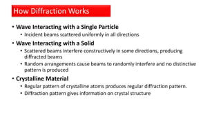 • Wave Interacting with a Single Particle
• Incident beams scattered uniformly in all directions
• Wave Interacting with a Solid
• Scattered beams interfere constructively in some directions, producing
diffracted beams
• Random arrangements cause beams to randomly interfere and no distinctive
pattern is produced
• Crystalline Material
• Regular pattern of crystalline atoms produces regular diffraction pattern.
• Diffraction pattern gives information on crystal structure
How Diffraction Works
 