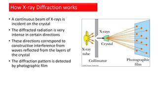 • A continuous beam of X-rays is
incident on the crystal
• The diffracted radiation is very
intense in certain directions
• These directions correspond to
constructive interference from
waves reflected from the layers of
the crystal
• The diffraction pattern is detected
by photographic film
How X-ray Diffraction works
 