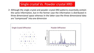 Single crystal Vs. Powder crystal XRD
 Although the single crystal and powder crystal XRD patterns essentially contain
the same Information, but in the former case the information is distributed in
three dimensional space whereas In the latter case the three dimensional data
are “compressed” into one dimension
 
