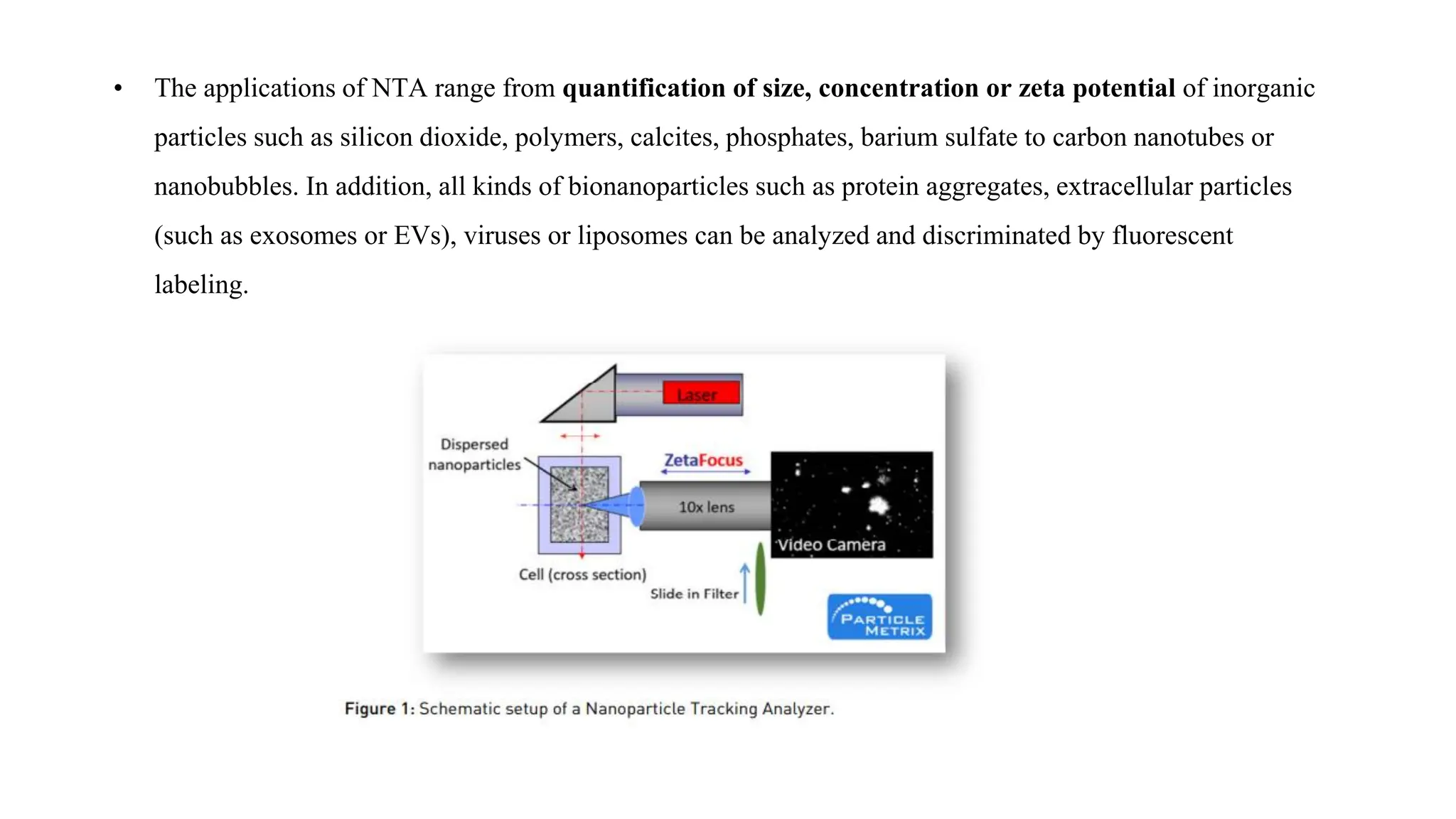• The applications of NTA range from quantification of size, concentration or zeta potential of inorganic
particles such as silicon dioxide, polymers, calcites, phosphates, barium sulfate to carbon nanotubes or
nanobubbles. In addition, all kinds of bionanoparticles such as protein aggregates, extracellular particles
(such as exosomes or EVs), viruses or liposomes can be analyzed and discriminated by fluorescent
labeling.
 