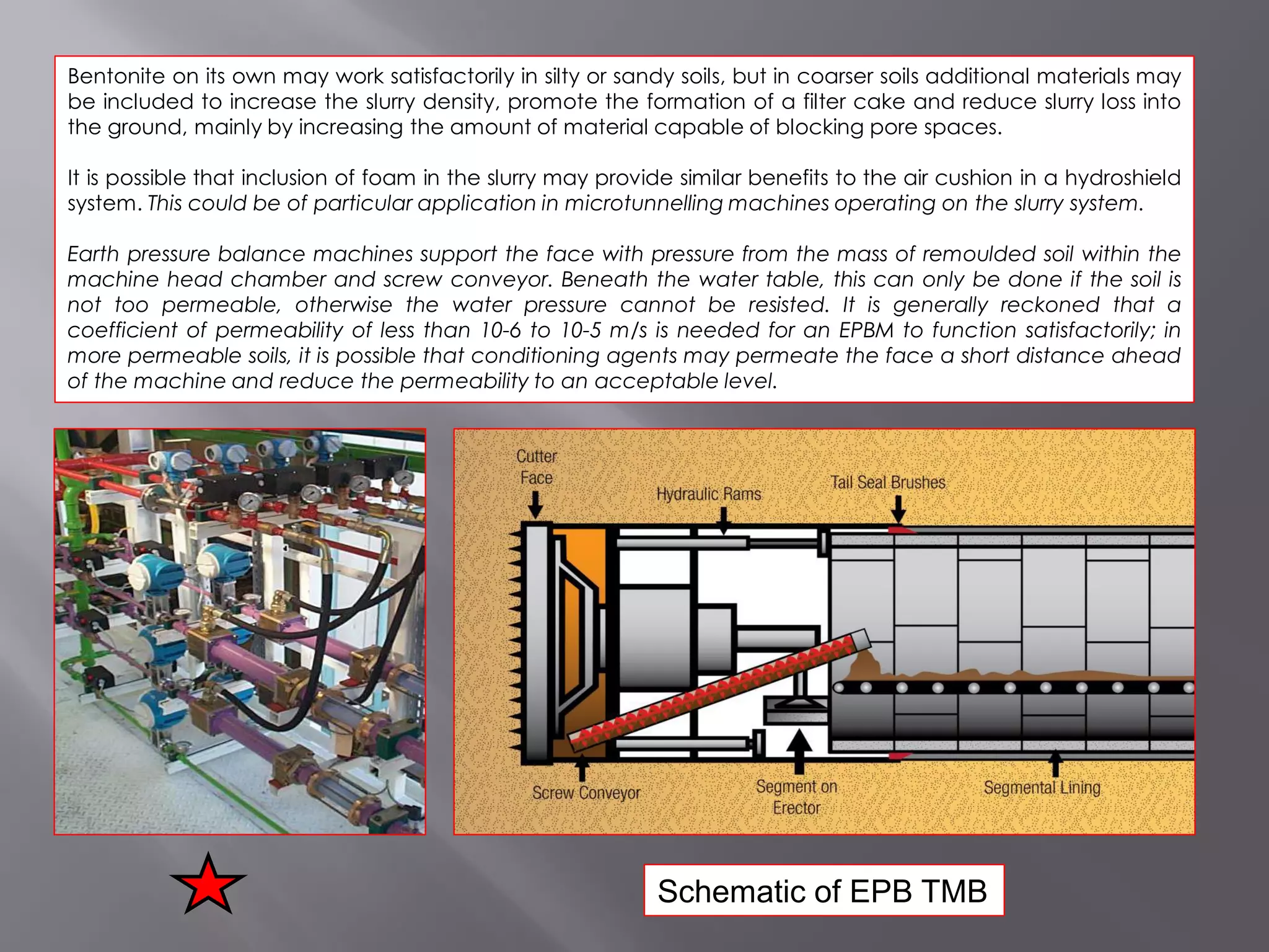 Bentonite on its own may work satisfactorily in silty or sandy soils, but in coarser soils additional materials may
be included to increase the slurry density, promote the formation of a filter cake and reduce slurry loss into
the ground, mainly by increasing the amount of material capable of blocking pore spaces.
It is possible that inclusion of foam in the slurry may provide similar benefits to the air cushion in a hydroshield
system. This could be of particular application in microtunnelling machines operating on the slurry system.
Earth pressure balance machines support the face with pressure from the mass of remoulded soil within the
machine head chamber and screw conveyor. Beneath the water table, this can only be done if the soil is
not too permeable, otherwise the water pressure cannot be resisted. It is generally reckoned that a
coefficient of permeability of less than 10-6 to 10-5 m/s is needed for an EPBM to function satisfactorily; in
more permeable soils, it is possible that conditioning agents may permeate the face a short distance ahead
of the machine and reduce the permeability to an acceptable level.
Schematic of EPB TMB
 