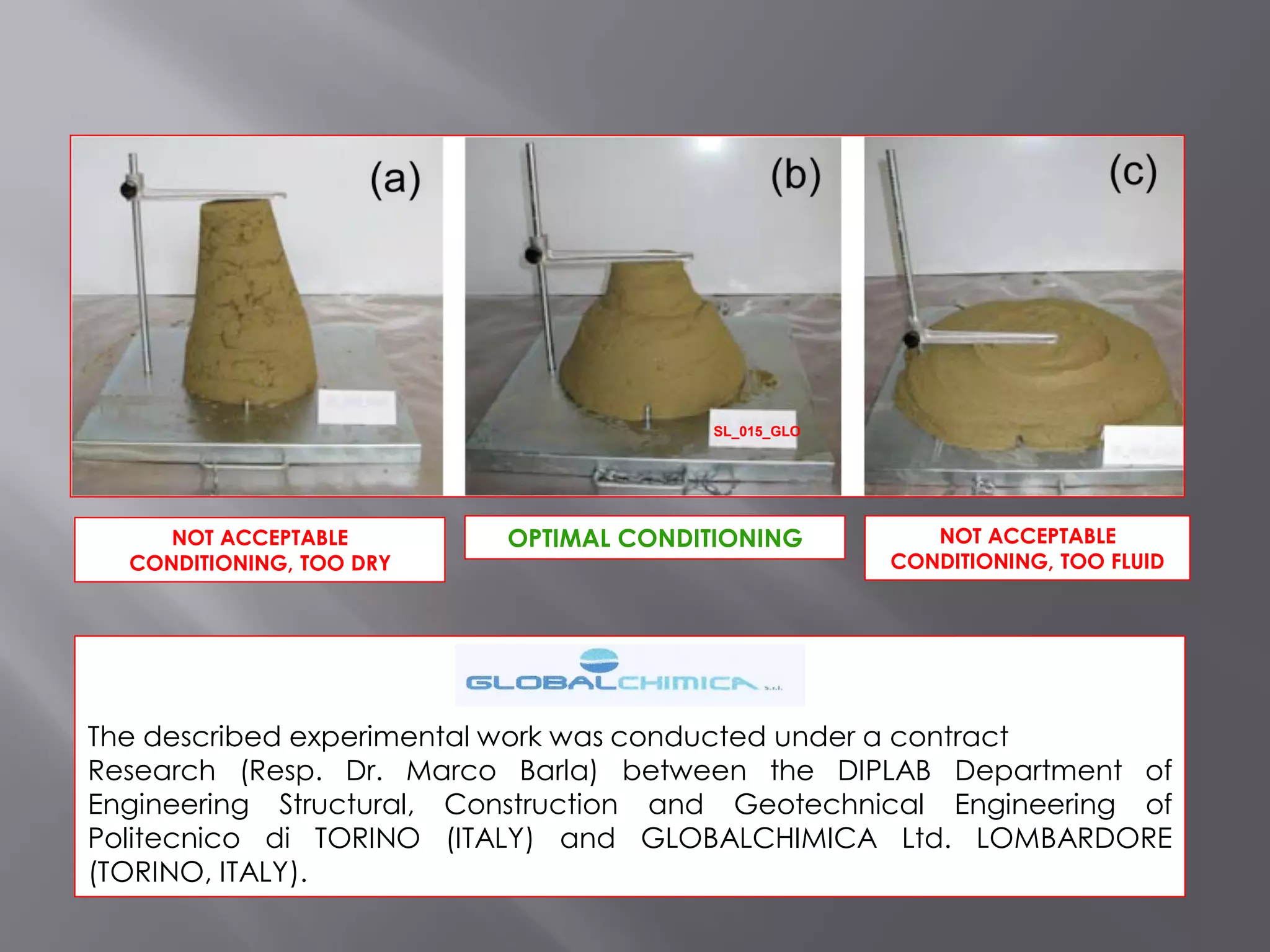 NOT ACCEPTABLE
CONDITIONING, TOO DRY
NOT ACCEPTABLE
CONDITIONING, TOO FLUID
OPTIMAL CONDITIONING
The described experimental work was conducted under a contract
Research (Resp. Dr. Marco Barla) between the DIPLAB Department of
Engineering Structural, Construction and Geotechnical Engineering of
Politecnico di TORINO (ITALY) and GLOBALCHIMICA Ltd. LOMBARDORE
(TORINO, ITALY).
SL_015_GLO
 