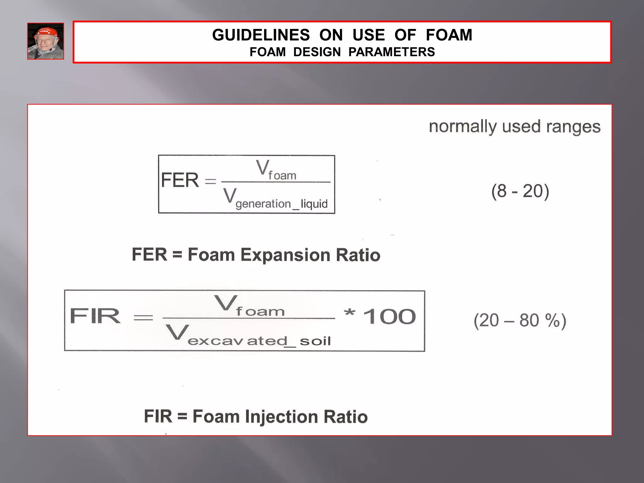 GUIDELINES ON USE OF FOAM
FOAM DESIGN PARAMETERS
 