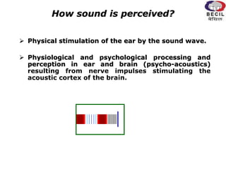How sound is perceived?
 Physical stimulation of the ear by the sound wave.
 Physiological and psychological processing and
perception in ear and brain (psycho-acoustics)
resulting from nerve impulses stimulating the
acoustic cortex of the brain.
 