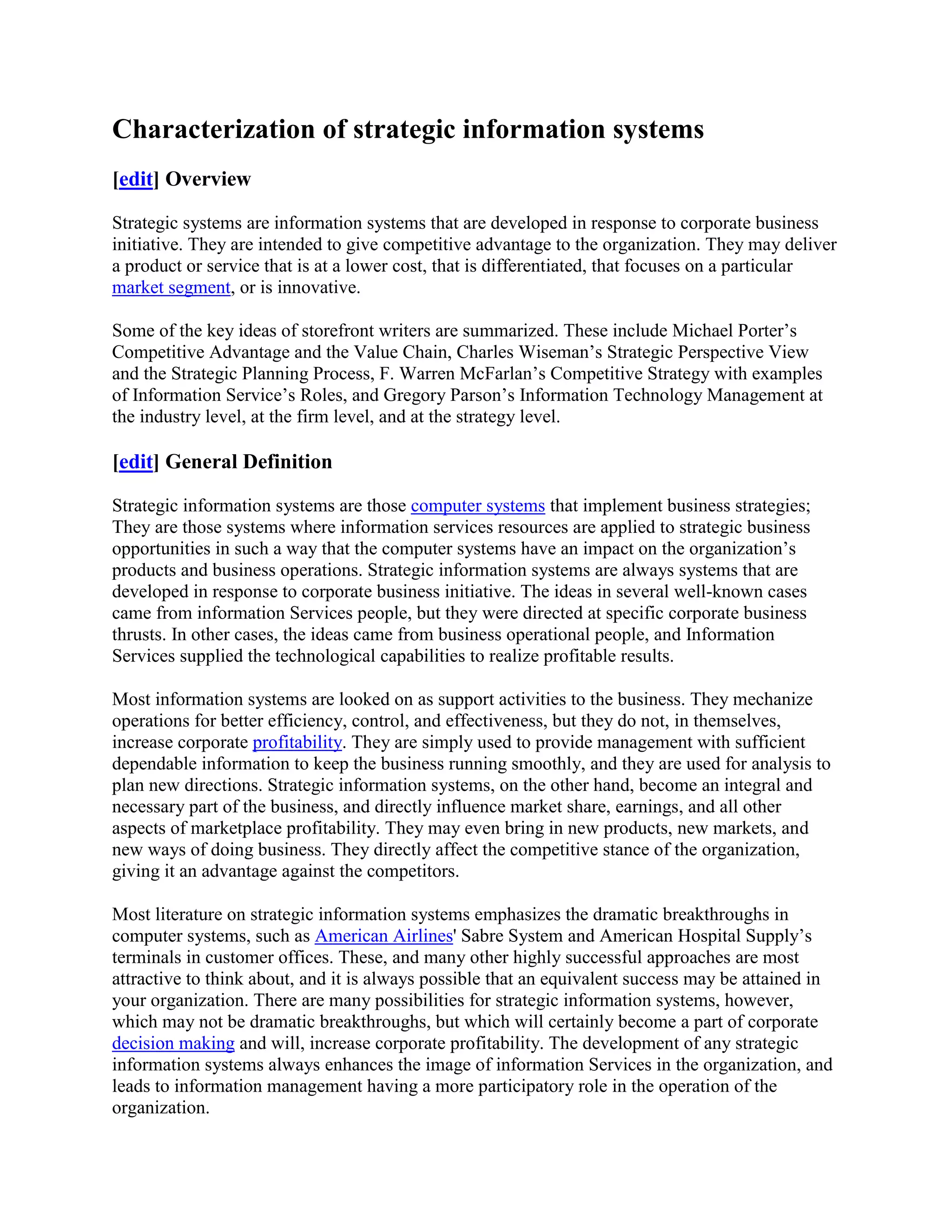 Characterization of strategic information systems | DOCX