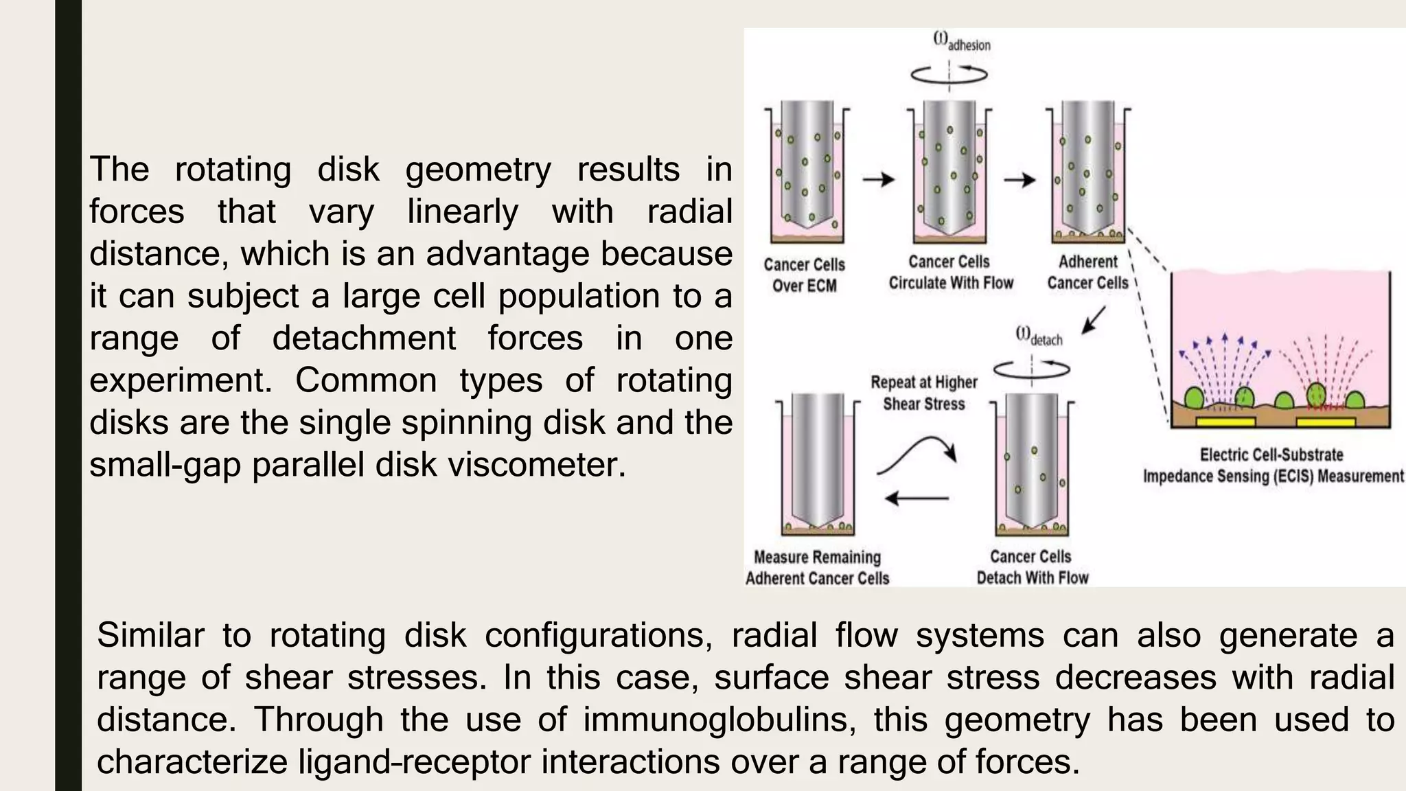 The rotating disk geometry results in
forces that vary linearly with radial
distance, which is an advantage because
it can subject a large cell population to a
range of detachment forces in one
experiment. Common types of rotating
disks are the single spinning disk and the
small-gap parallel disk viscometer.
Similar to rotating disk configurations, radial flow systems can also generate a
range of shear stresses. In this case, surface shear stress decreases with radial
distance. Through the use of immunoglobulins, this geometry has been used to
characterize ligand–receptor interactions over a range of forces.
 