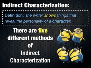 Indirect Characterization:
Definition: the writer shows things that
reveal the personality of a character.

    There are ﬁve
  different methods
           of
        Indirect
   Characterization
 