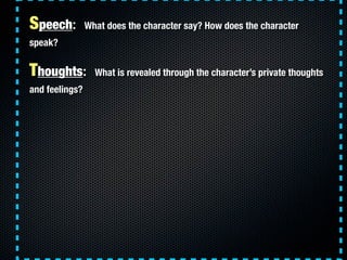 Speech:         What does the character say? How does the character
speak?


Thoughts:         What is revealed through the character’s private thoughts
and feelings?
 