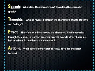 Speech:         What does the character say? How does the character
speak?


Thoughts:         What is revealed through the character’s private thoughts
and feelings?


Effect:    The effect of others toward the character. What is revealed
through the character’s effect on other people? How do other characters
feel or behave in reaction to the character?


Actions:        What does the character do? How does the character
behave?
 