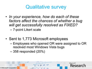 Qualitative survey
       • In your experience, how do each of these
         factors affect the chances of whether a bug
         will get successfully resolved as FIXED?
             – 7-point Likert scale

       • Sent to 1,773 Microsoft employees
             – Employees who opened OR were assigned to OR
               resolved most Windows Vista bugs
             – 358 responded (20%)



© Microsoft Corporation
 