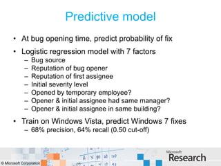 Predictive model
       • At bug opening time, predict probability of fix
       • Logistic regression model with 7 factors
             –   Bug source
             –   Reputation of bug opener
             –   Reputation of first assignee
             –   Initial severity level
             –   Opened by temporary employee?
             –   Opener & initial assignee had same manager?
             –   Opener & initial assignee in same building?
       • Train on Windows Vista, predict Windows 7 fixes
             – 68% precision, 64% recall (0.50 cut-off)



© Microsoft Corporation
 