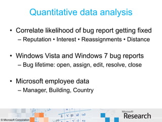 Quantitative data analysis
       • Correlate likelihood of bug report getting fixed
             – Reputation • Interest • Reassignments • Distance

       • Windows Vista and Windows 7 bug reports
             – Bug lifetime: open, assign, edit, resolve, close

       • Microsoft employee data
             – Manager, Building, Country



© Microsoft Corporation
 