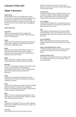 CHARACTER LIST
Major Characters
Alfred Brooks
The protagonist of the novel around whom the plot
revolves. He is seventeen years old and an orphan living
his with aunt in Harlem. He works for the Epsteins
during the day and trains at the gym in the evening. The
novel is the story of his coming of age and struggling to
succeed.

gym.He visits the gym to exercise. He also gives
protective dentures to the boxers and helps them prepare
for the boxing matches.
Aunt Dorothy
Aunt Pearl’s affluent sister and Alfred’s aunt. She lives
in comfort in Queens with her husband and daughter.
She is a good hostess who serves delicious meals to
Alfred and Pearl when they visit her on Sundays.
Uncle William
Aunt Dorothy’s husband. He is a contented man with a
good home and family. He is proud of the abilities and
achievements of his son, Jeff.

Minor Characters
Aunt Pearl
Alfred’s aunt and guardian. She is good-hearted,
understanding and caring. She loves Alfred as much as
she loves her three girls.
James
Alfred’s friend. He falls into bad company and becomes
a drug addict. Alfred loves him dearly and persuades
him to join a rehabilitation clinic.
Major
An older friend of Alfred. He heads the company of
black youths who hate the whites and encourage
unlawful activities against them. He is responsible for
spoiling the character of James.
Hollis
Major’s friend. He is a partner in all the evil deeds
committed by Major and follows him like a shadow.
Donatelli
The owner and manager of the gym where Alfred works
out. He is a good teacher and a disciplinarian.
Underneath his hard exterior, he has a tender heart that
cares for his students and protects them from
adversaries.
Spoon
A former boxing champion who becomes a teacher.
Alfred comes to his house in Manhattan to relax before
competing in a match.
Henry
The son of Mr. Johnson and a helper at the gym. Though
afflicted with polio, he works hard to establish his
identity as something other than cripple. He helps Alfred
to train to become a champion boxer.
Betty
Spoon’s wife and a conscientious schoolteacher. She is
kind, generous and a pleasant hostess. Whenever Alfred
visits, she takes good care of him.
Bud
Assistant to Mr. Donatelli. He acts as a medic, applying
balms to the wounded boxers in the ring. As a man, he is
frank and forthright.
Dr. Corey
A jovial dentist who works in his clinic above the

Jeff
The intelligent and enterprising son of Uncle William
and Aunt Dorothy, who is also Alfred’s cousin. He is a
good student who wants to do community service to help
the blacks.
Lynn and Harold
Black youth who become community minded. They
persuade Alfred to join them in providing recreation to
children.
Horace Marshall Davenport, Junior
A friend of Alfred who practices at the gym. Everyone
calls him Jelly Belly because he loves food and is
plump.
Charlene and the Twins
The children of Aunt Pearl and cousins of Alfred. They
are cute little girls who are in awe of Alfred. Alfred is
very fond of them.

 