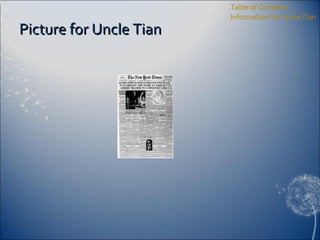 Picture for Uncle Tian Table of Contents Information for Uncle Tian 