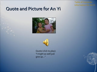 Quote and Picture for An Yi Table of Contents Information for An Yi Quote (click to play): “ I might as well just give up…” 