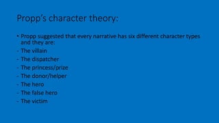 Propp’s character theory: 
• Propp suggested that every narrative has six different character types 
and they are: 
- The villain 
- The dispatcher 
- The princess/prize 
- The donor/helper 
- The hero 
- The false hero 
- The victim 
 
