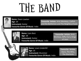 Name: Owen Lawton
Age: 19
Instrument: Guitar
Favourite Genre Of Music: Indie
Favourite Artists: Artic Monkeys, Catfish
and...