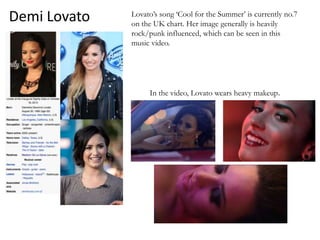 Demi Lovato Lovato’s song ‘Cool for the Summer’ is currently no.7
on the UK chart. Her image generally is heavily
rock/punk influenced, which can be seen in this
music video.
In the video, Lovato wears heavy makeup.
 