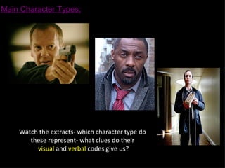 Main Character Types:




    Watch the extracts- which character type do
       these represent- what clues do their
         visual and verbal codes give us?
 