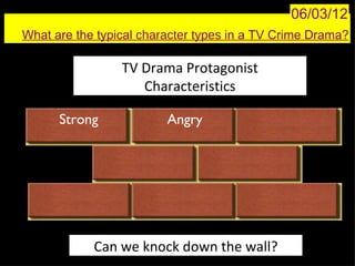 06/03/12
What are the typical character types in a TV Crime Drama?

                 TV Drama Protagonist
                    Characteristics

      Strong             Angry




            Can we knock down the wall?
 