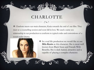 CHARLOTTE
 Charlotte meets our main character, Katie towards the end of our film. They
meet at a counselling session and soon fall in love. We used a same-sex
relationship in our production to conform to typical codes and conventions of a
social realist drama.

 In a real life production we would like to use
Mila Kunis as this character. She is most well
known from Black Swan and Friends With
Benefits. She is dark haired, attractive and is
capable of playing a complex character.

 