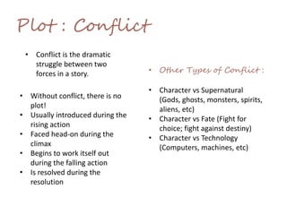 Plot : Conflict
• Conflict is the dramatic
struggle between two
forces in a story.
• Without conflict, there is no
plot!
• Usually introduced during the
rising action
• Faced head-on during the
climax
• Begins to work itself out
during the falling action
• Is resolved during the
resolution
• Other Types of Conflict :
• Character vs Supernatural
(Gods, ghosts, monsters, spirits,
aliens, etc)
• Character vs Fate (Fight for
choice; fight against destiny)
• Character vs Technology
(Computers, machines, etc)
 
