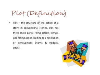 Plot (Definition)
• Plot – the structure of the action of a
story. In conventional stories, plot has
three main parts: rising action, climax,
and falling action leading to a resolution
or denouement (Harris & Hodges,
1995).
 