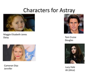 Characters for Astray
Maggie Elizabeth Jones
Daisy
Cameron Diaz
Jennifer
Tom Cruise
Douglas
Lucy Hale
Ali (Alice)
 