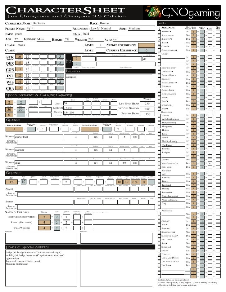 character sheet lvl1monk dnd 3 5 character sheet