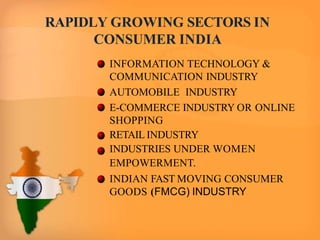 RAPIDLY GROWING SECTORS IN
CONSUMER INDIA
INFORMATION TECHNOLOGY &
COMMUNICATION INDUSTRY
AUTOMOBILE INDUSTRY
E-COMMERCE I...