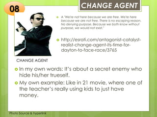 Insert any photo
that shows this
idea. The photo
should be clear
and should fit
and fill this
space.
CHANGE AGENT
08
CHANGE AGENT
 A "We're not here because we are free. We're here
because we are not free. There is no escaping reason.
No denying purpose. Because we both know without
purpose, we would not exist."
 http://esrati.com/antagonist-catalyst-
realist-change-agent-its-time-for-
dayton-to-face-race/3765
 In my own words: It’s about a secret enemy who
hide his/her trueself.
 My own example: Like in 21 movie, where one of
the teacher’s really using kids to just have
money.
Photo Source & hyperlink
 