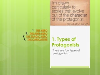 1. Types of
Protagonists
There are four types of
protagonists.
1. THE HERO
2. THE ANTI-HERO
3. THE TRAGIC HERO
4. THE CARICATURE
 