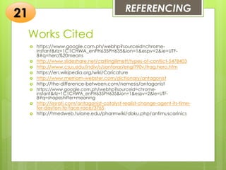 Works Cited
 https://www.google.com.ph/webhp?sourceid=chrome-
instant&rlz=1C1CHWA_enPH635PH635&ion=1&espv=2&ie=UTF-
8#q=hero%20means
 http://www.slideshare.net/caitlingillmett/types-of-conflict-5478403
 http://www.csus.edu/indiv/s/santorar/engl190v/trag.hero.htm
 https://en.wikipedia.org/wiki/Caricature
 http://www.merriam-webster.com/dictionary/antagonist
 http://the-difference-between.com/nemesis/antagonist
 https://www.google.com.ph/webhp?sourceid=chrome-
instant&rlz=1C1CHWA_enPH635PH635&ion=1&espv=2&ie=UTF-
8#q=shapeshifter+meaning
 http://esrati.com/antagonist-catalyst-realist-change-agent-its-time-
for-dayton-to-face-race/3765
 http://tmedweb.tulane.edu/pharmwiki/doku.php/antimuscarinics
REFERENCING
21
 