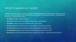 PROPP’S NARRATIVE THEORY
Vladimir Propp was a Russian literacy critic who founded the idea that a certain type of character was to
be used in every narrative structure. His theory was produced from analysing 100 tales,. He implied that
there were 7 broad character types:
• The Villain (struggles against the hero)
• The Donor (prepares the hero or gives the hero some magical object)
• The Helper (magical person who helps the hero in the quest)
• The Princess (person the hero marries, often sought for during the narrative)
• The False Hero (perceived as good character in beginning but emerges as evil)
• The Dispatcher (character who makes the lack known and sends the hero off)
• The Hero (AKA victim/seeker/paladin/winner, reacts to the donor, usually marries the princess)
 