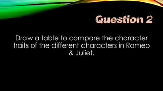 Question #2
Draw a table to compare the character
traits of the different characters in Romeo
& Juliet.

 