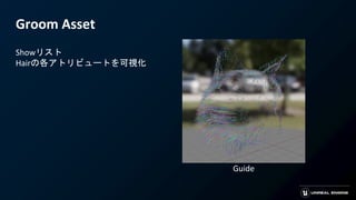 Groom Asset
Showリスト
Hairの各アトリビュートを可視化
Guide
 