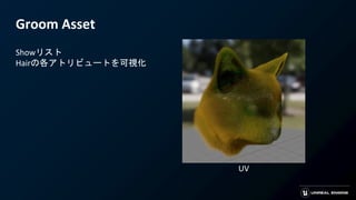 Groom Asset
Showリスト
Hairの各アトリビュートを可視化
UV
 