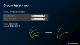 Groom Asset - LOD
Curve、Vertex Decimation
Curve Decimation
Curveの本数を減らす
 