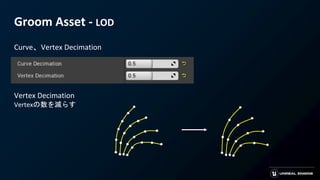 Groom Asset - LOD
Curve、Vertex Decimation
Vertex Decimation
Vertexの数を減らす
 
