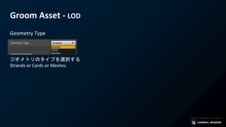 Groom Asset - LOD
Geometry Type
ジオメトリのタイプを選択する
Strands or Cards or Meshes
 