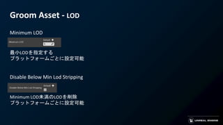 Groom Asset - LOD
Minimum LOD
最小LODを指定する
プラットフォームごとに設定可能
Disable Below Min Lod Stripping
Minimum LOD未満のLODを削除
プラットフォームごとに設定可能
 