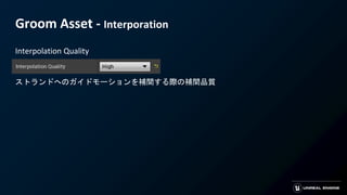 Groom Asset - Interporation
Interpolation Quality
ストランドへのガイドモーションを補間する際の補間品質
 