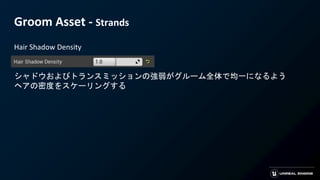 Groom Asset - Strands
Hair Shadow Density
シャドウおよびトランスミッションの強弱がグルーム全体で均一になるよう
ヘアの密度をスケーリングする
 