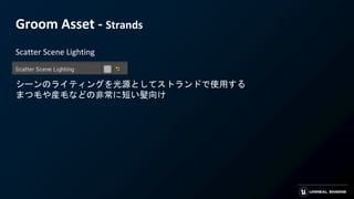 Groom Asset - Strands
Scatter Scene Lighting
シーンのライティングを光源としてストランドで使用する
まつ毛や産毛などの非常に短い髪向け
 