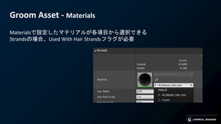 Groom Asset - Materials
Materialsで設定したマテリアルが各項目から選択できる
Strandsの場合、Used With Hair Strandsフラグが必要
 