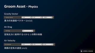Groom Asset - Physics
Gravity Vector
重力の加速度ベクター (cm/s2)
Air Drag
空気抗力に使用する 0 から 1 の間の係数
Air Velocity
周囲の空気の速度 (cm/s)
 